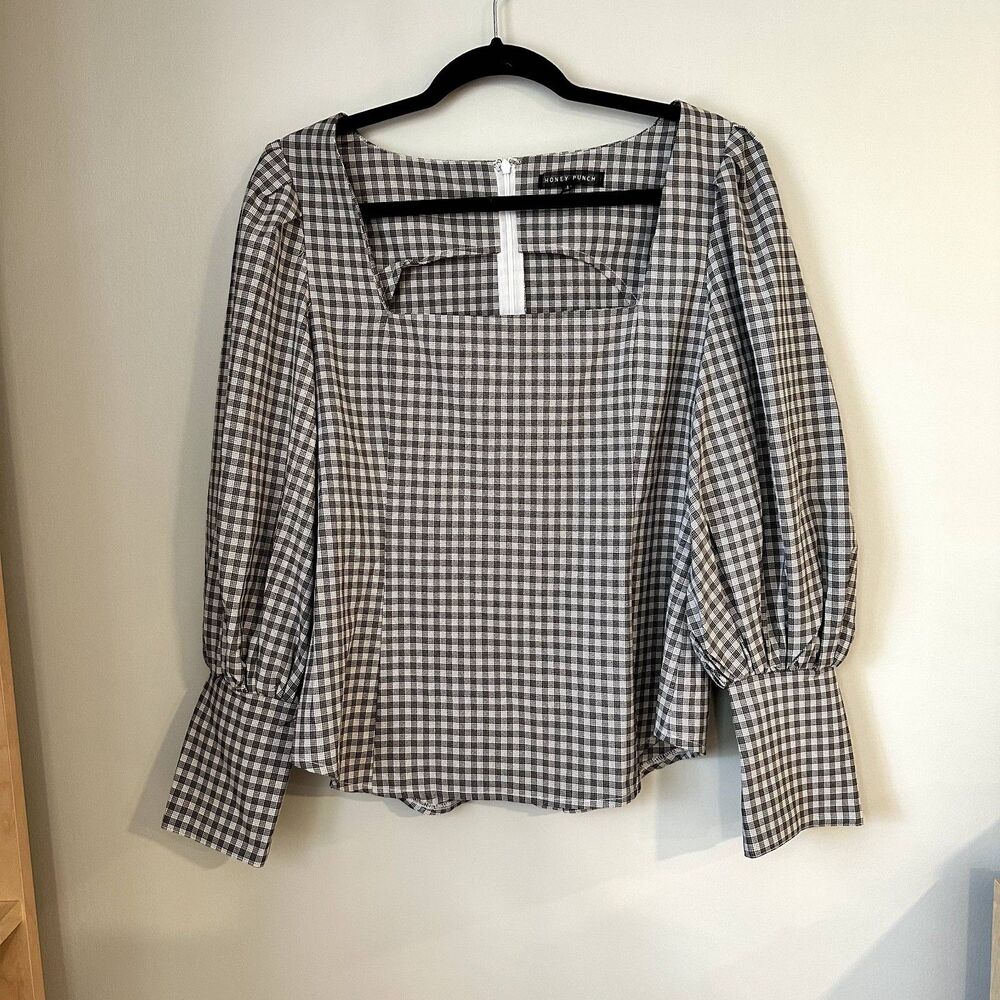 Honey Punch Black and White Gingham Square Neck Blouse
